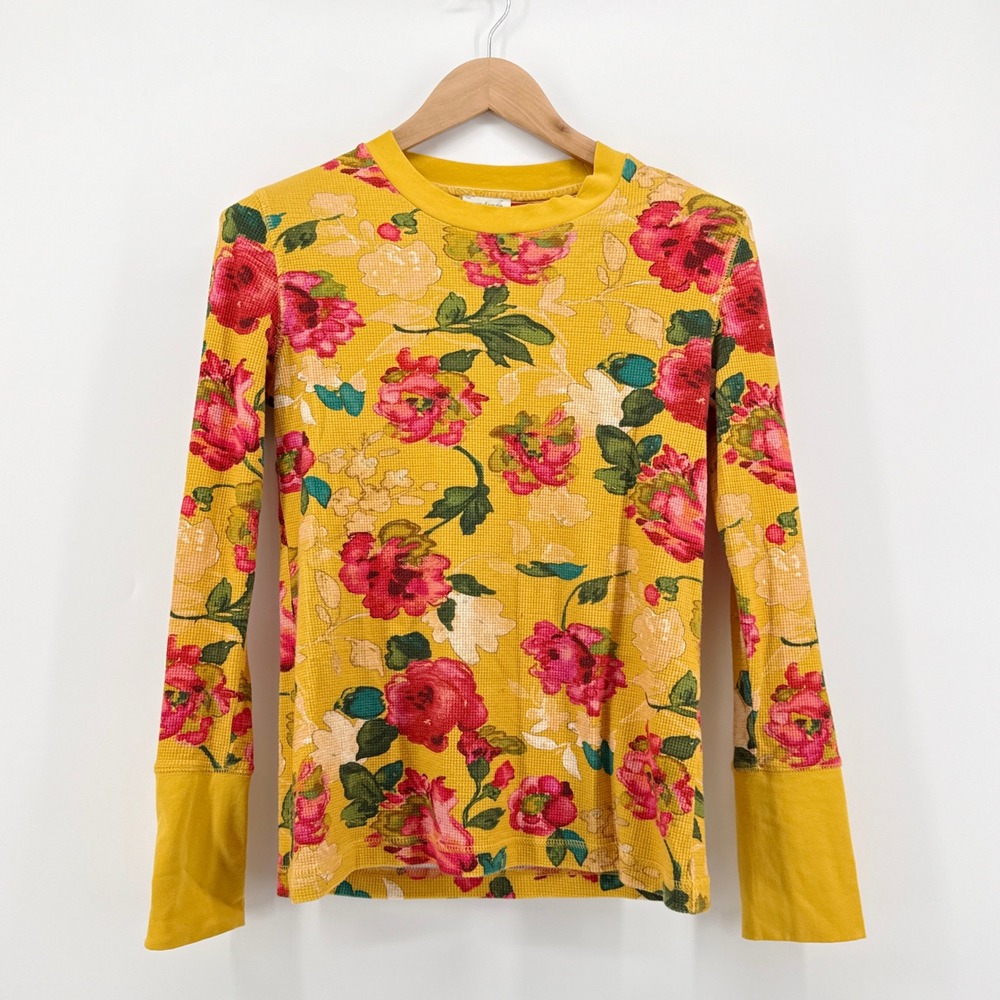 Sundance Floral Waffle Knit Thermal Top M Yellow Velvet Button Cuff Long Sleeve - Picture 1 of 8
